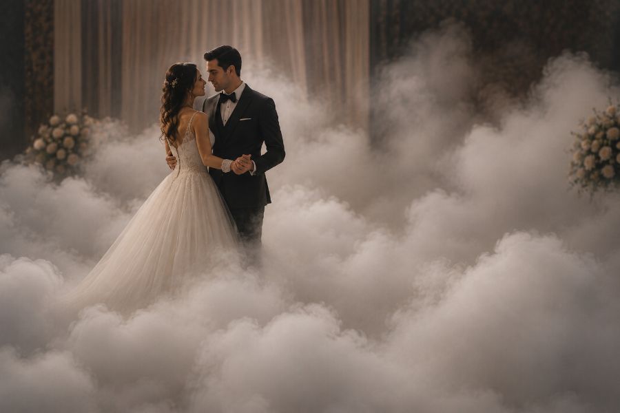 A couple in a first dance surrounded by billowing low-lying atmospheric smoke