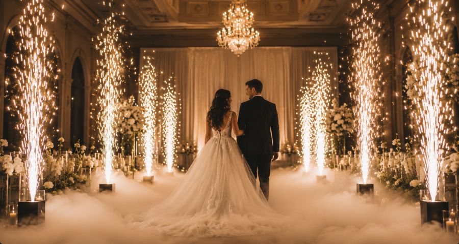 Cold spark fountains lining a wedding aisle